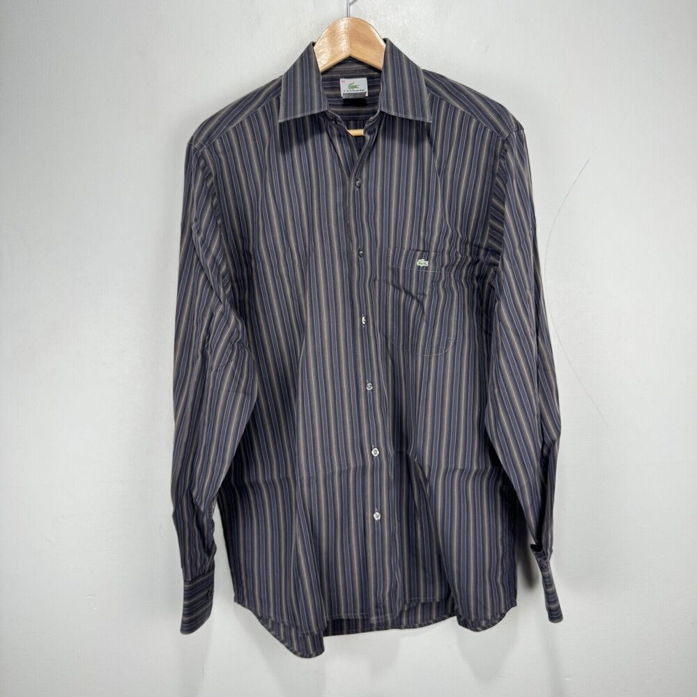 Lacoste Button Shirt Men‎ Size 42 Large Brown Beige Blue Striped Cotton Casual